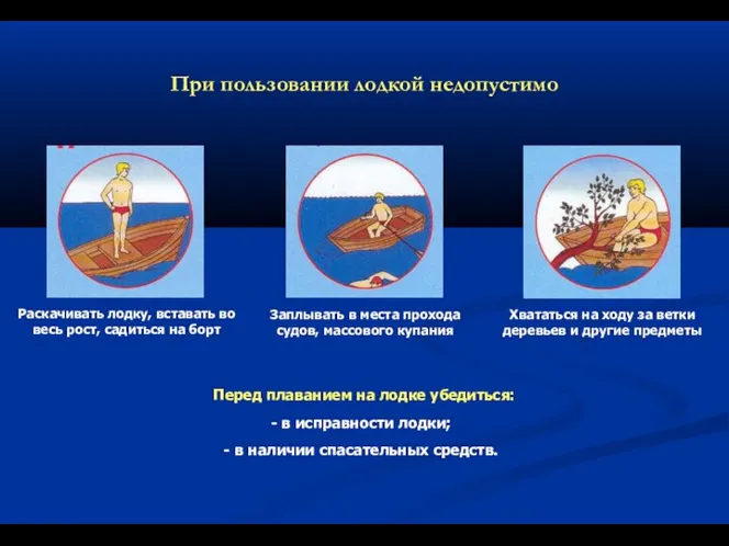 При пользовании лодкой недопустимо Раскачивать лодку, вставать во весь рост,