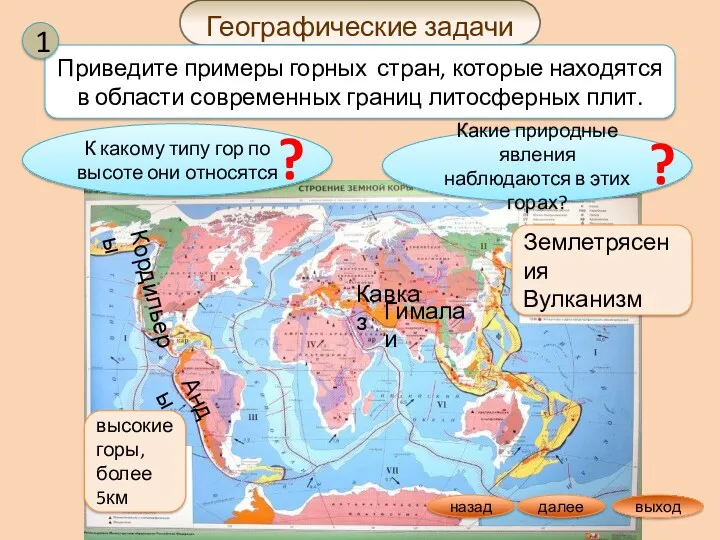 Географические задачи Приведите примеры горных стран, которые находятся в области