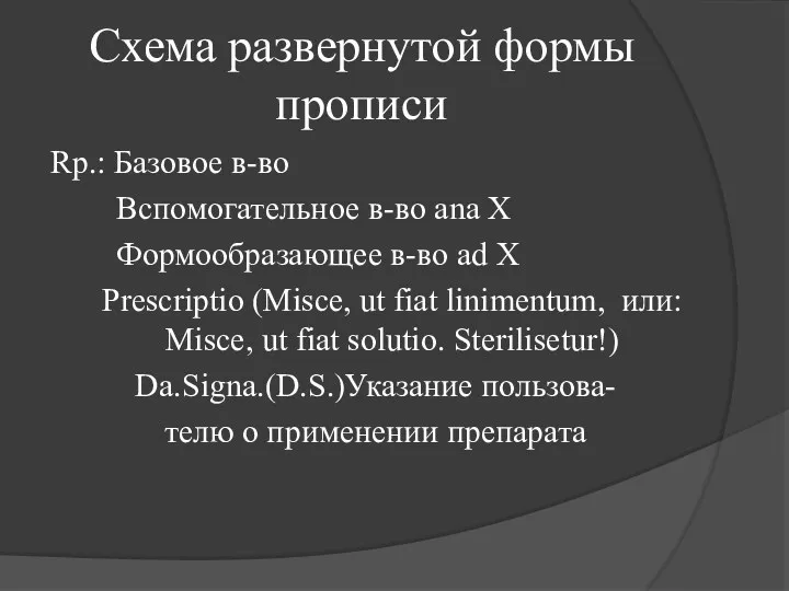 Схема развернутой формы прописи Rp.: Базовое в-во Вспомогательное в-во ana