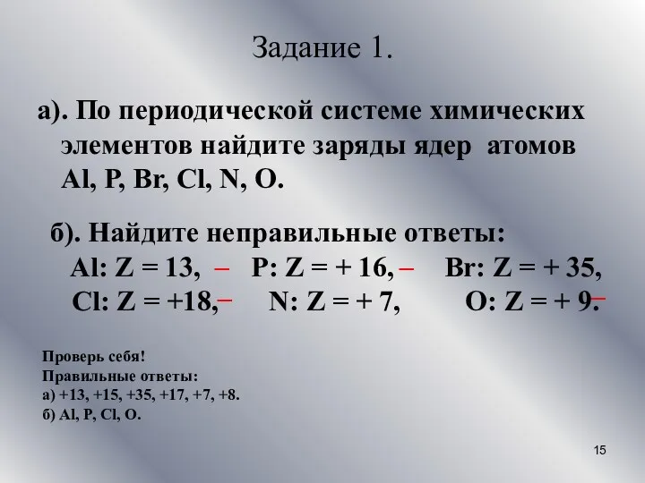 Задание 1. а). По периодической системе химических элементов найдите заряды