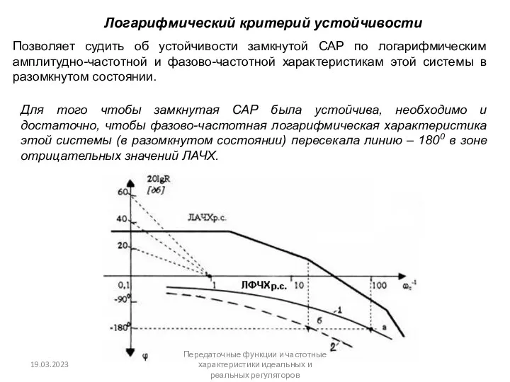 Логарифмический критерий устойчивости Позволяет судить об устойчивости замкнутой САР по