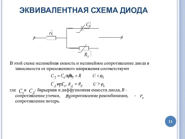 ЭКВИВАЛЕНТНАЯ СХЕМА ДИОДА В этой схеме нелинейная емкость и нелинейное