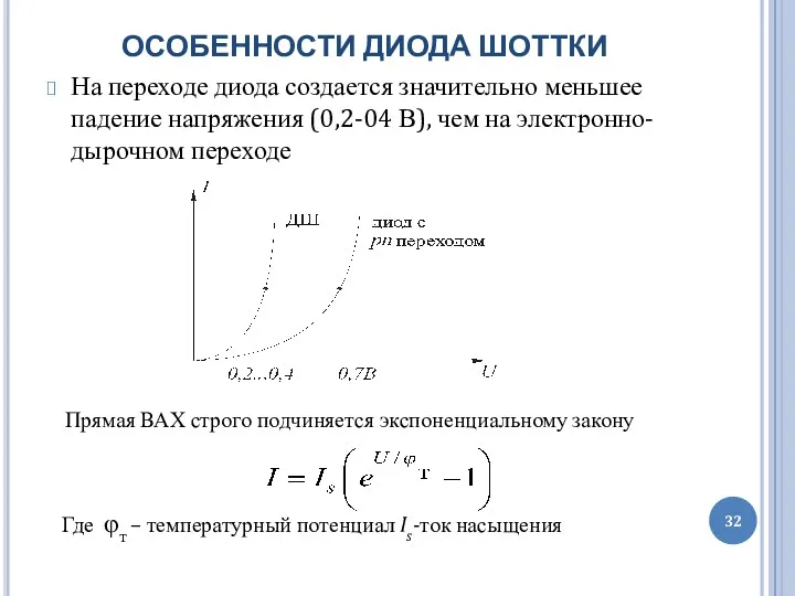 ОСОБЕННОСТИ ДИОДА ШОТТКИ На переходе диода создается значительно меньшее падение