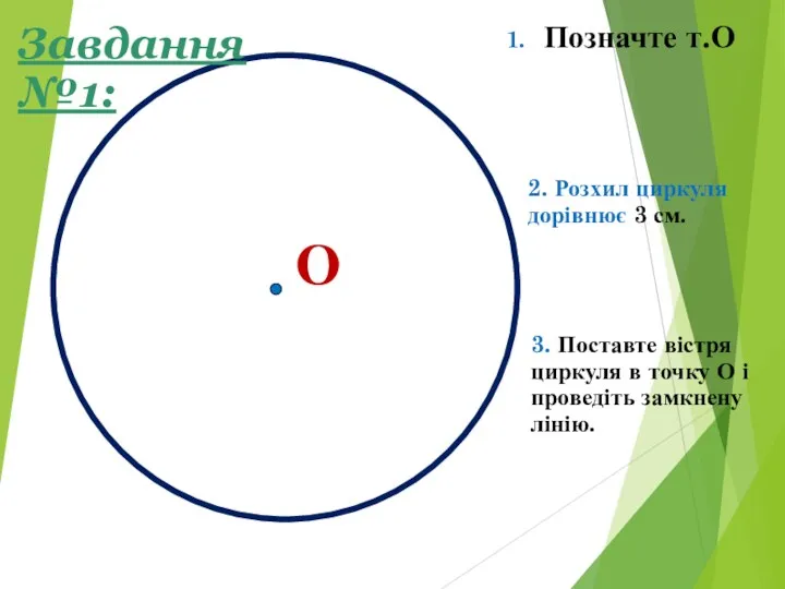 О 1. Позначте т.О 2. Розхил циркуля дорівнює 3 см.