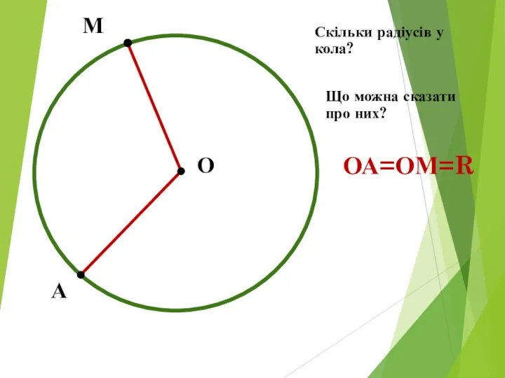 О М А Скільки радіусів у кола? Що можна сказати про них? ОА=ОМ=R