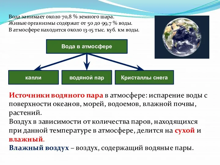 Вода занимает около 70,8 % земного шара. Живые организмы содержат