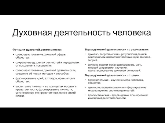 Духовная деятельность человека Функции духовной деятельности: совершенствование духовной сферы общества; сохранение духовных ценностей