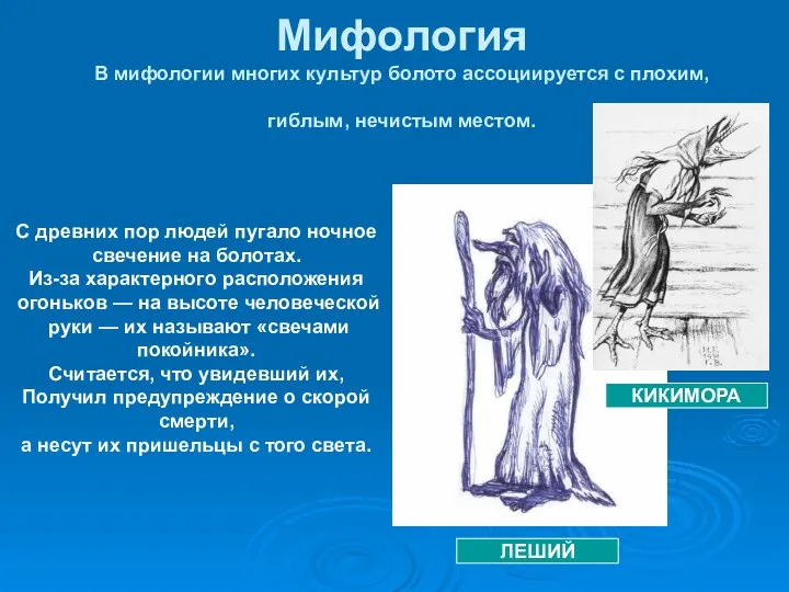 Мифология В мифологии многих культур болото ассоциируется с плохим, гиблым,