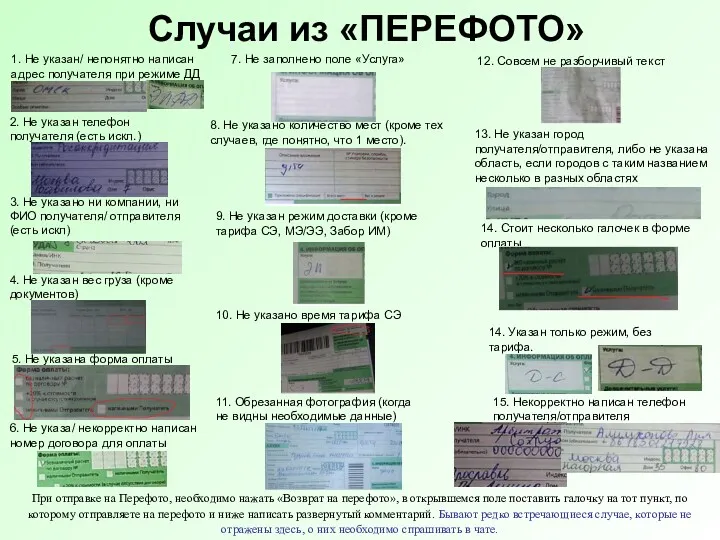 Случаи из «ПЕРЕФОТО» 1. Не указан/ непонятно написан адрес получателя