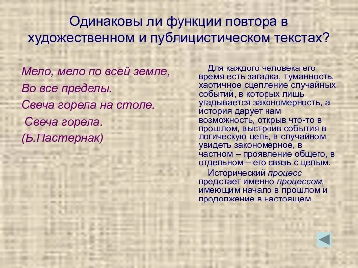 Одинаковы ли функции повтора в художественном и публицистическом текстах? Мело,