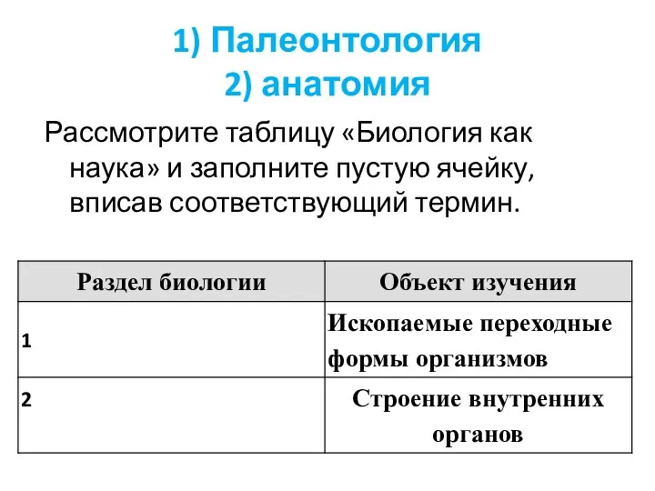 1) Палеонтология 2) анатомия Рассмотрите таблицу «Биология как наука» и заполните пустую ячейку, вписав соответствующий термин.