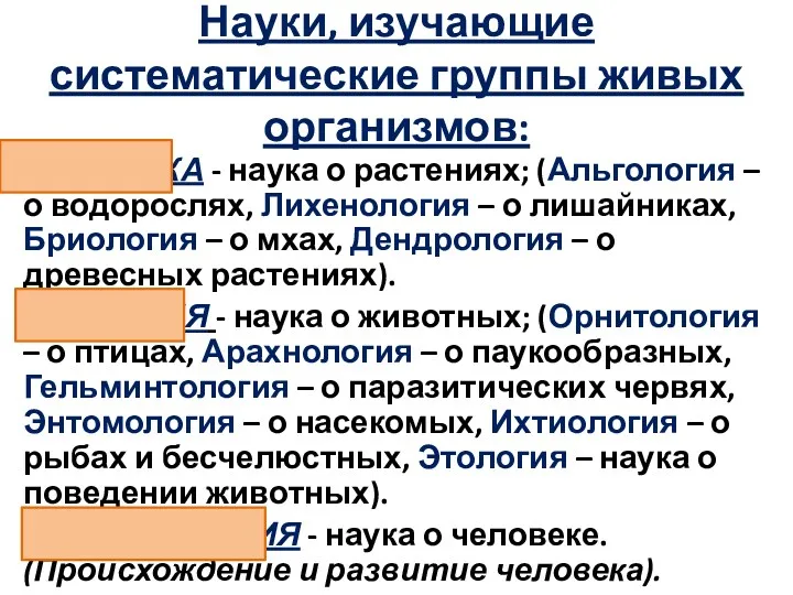 Науки, изучающие систематические группы живых организмов: БОТАНИКА - наука о