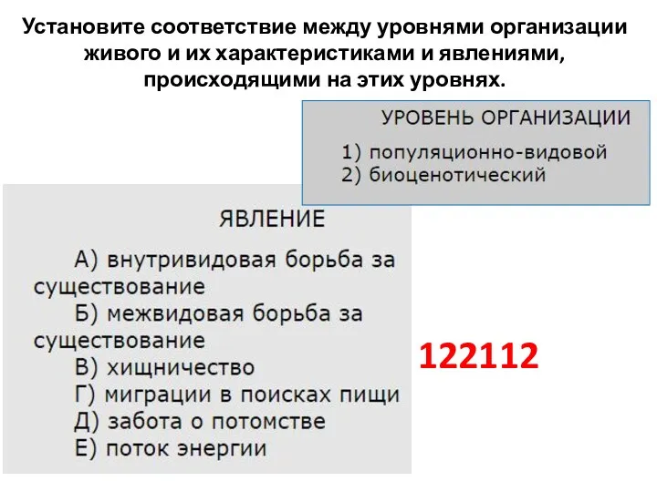 Установите соответствие между уровнями организации живого и их характеристиками и явлениями, происходящими на этих уровнях. 122112