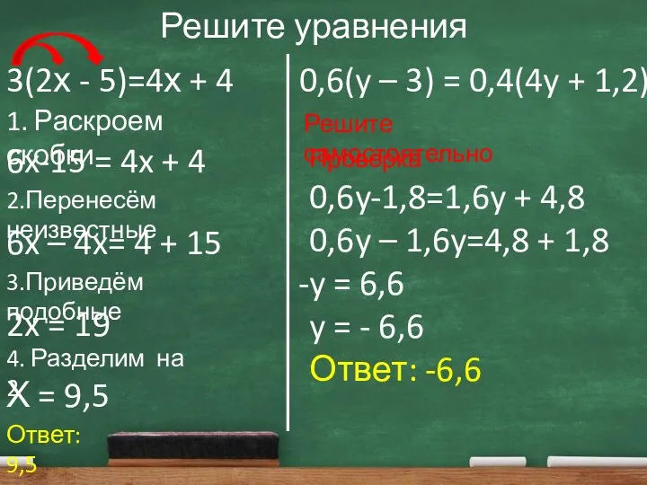 Решите уравнения 3(2х - 5)=4х + 4 0,6(y – 3)