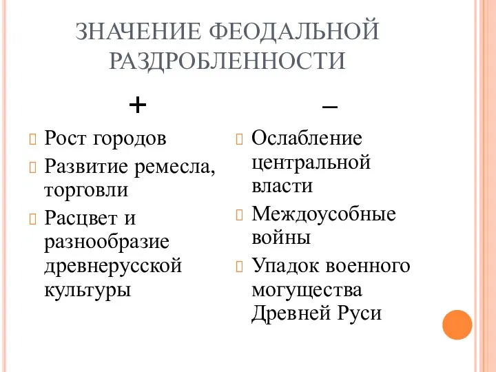 ЗНАЧЕНИЕ ФЕОДАЛЬНОЙ РАЗДРОБЛЕННОСТИ + Рост городов Развитие ремесла, торговли Расцвет