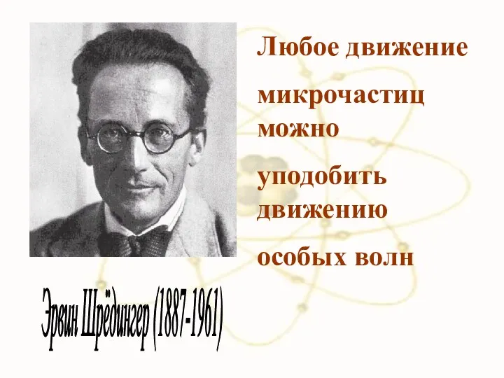 Эрвин Шрёдингер (1887-1961) Любое движение микрочастиц можно уподобить движению особых волн