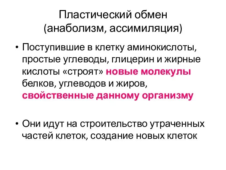 Пластический обмен (анаболизм, ассимиляция) Поступившие в клетку аминокислоты, простые углеводы,