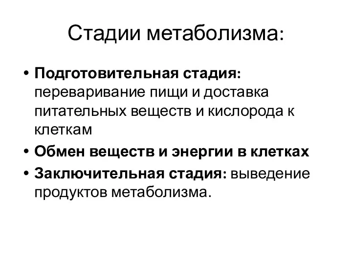 Стадии метаболизма: Подготовительная стадия: переваривание пищи и доставка питательных веществ