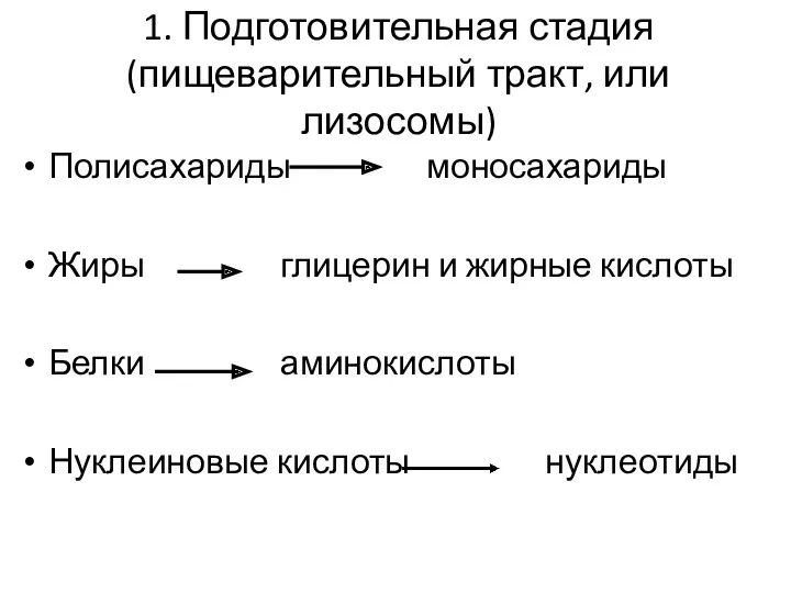 1. Подготовительная стадия (пищеварительный тракт, или лизосомы) Полисахариды моносахариды Жиры