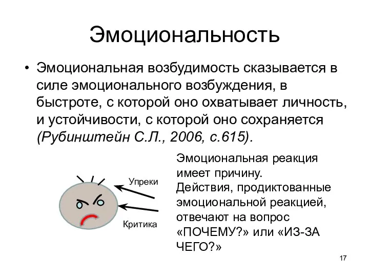 Эмоциональность Эмоциональная возбудимость сказывается в силе эмоционального возбуждения, в быстроте,