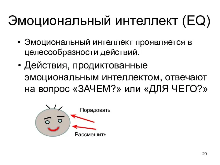 Эмоциональный интеллект (EQ) Эмоциональный интеллект проявляется в целесообразности действий. Действия,