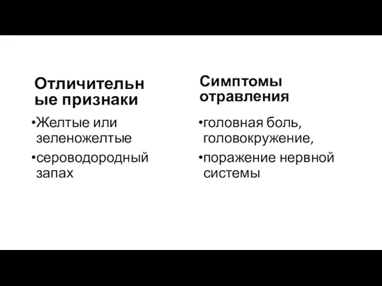 Отличительные признаки Желтые или зеленожелтые сероводородный запах Симптомы отравления головная боль, головокружение, поражение нервной системы