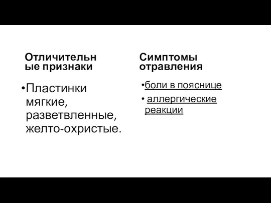 Отличительные признаки Пластинки мягкие, разветвленные, желто-охристые. Симптомы отравления боли в пояснице аллергические реакции