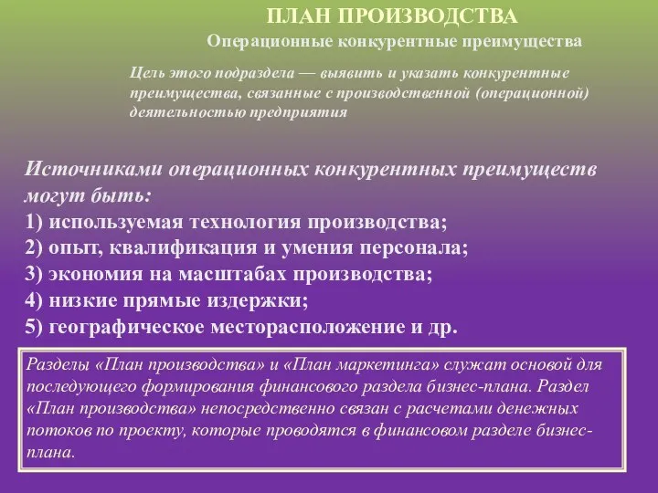 ПЛАН ПРОИЗВОДСТВА Операционные конкурентные преимущества Цель этого подраздела — выявить