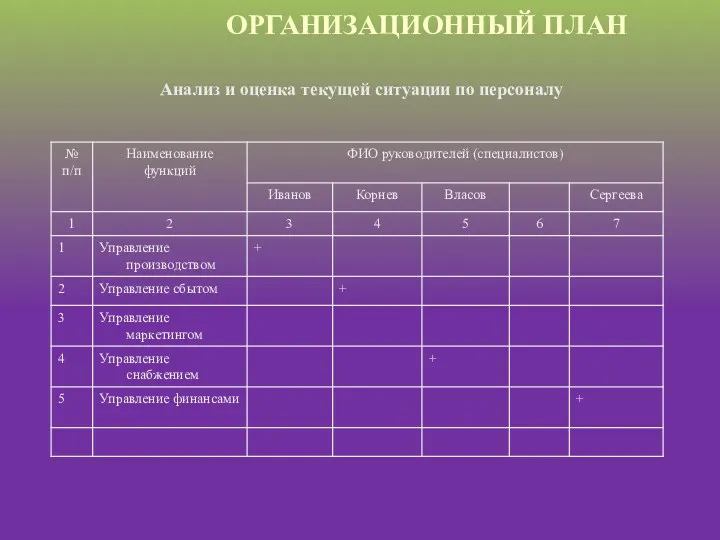 ОРГАНИЗАЦИОННЫЙ ПЛАН Анализ и оценка текущей ситуации по персоналу