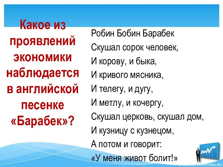 Какое из проявлений экономики наблюдается в английской песенке «Барабек»? Робин