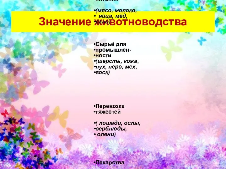 Значение животноводства Продукты Продукты питания (мясо, молоко, яйца, мёд, сало)