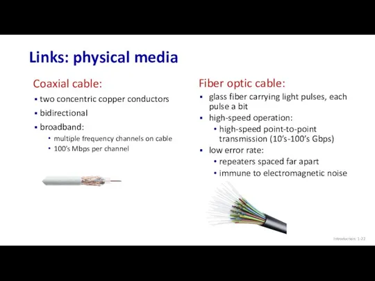 Introduction: 1- Links: physical media Coaxial cable: two concentric copper conductors bidirectional broadband: