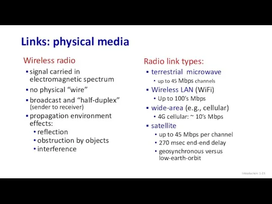 Introduction: 1- Links: physical media Wireless radio signal carried in electromagnetic spectrum no
