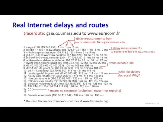 Real Internet delays and routes Introduction: 1- 1 cs-gw (128.119.240.254) 1 ms 1
