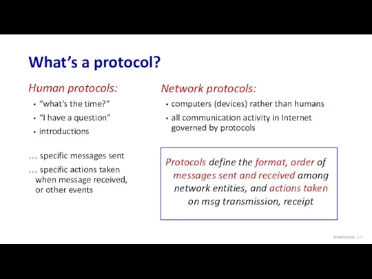 What’s a protocol? Introduction: 1- Human protocols: “what’s the time?” “I have a