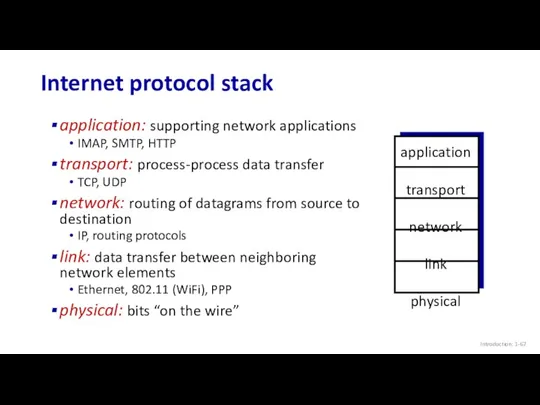 Internet protocol stack Introduction: 1- application: supporting network applications IMAP, SMTP, HTTP transport: