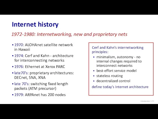 Internet history Introduction: 1- 1970: ALOHAnet satellite network in Hawaii 1974: Cerf and