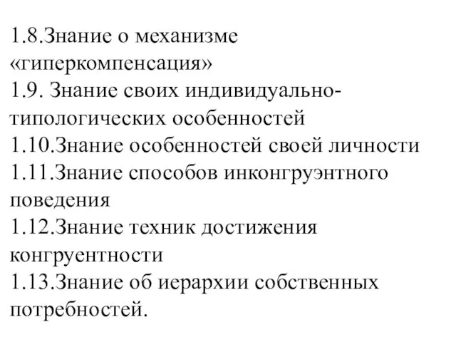 1.8.Знание о механизме «гиперкомпенсация» 1.9. Знание своих индивидуально-типологических особенностей 1.10.Знание особенностей своей личности