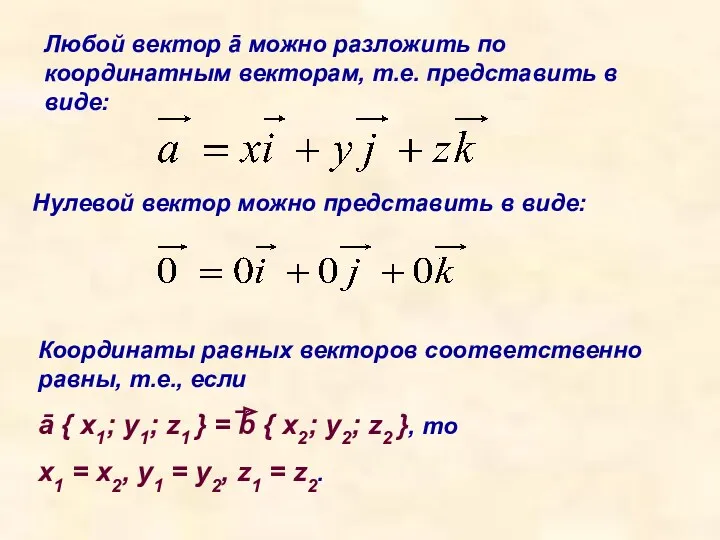 Любой вектор ā можно разложить по координатным векторам, т.е. представить