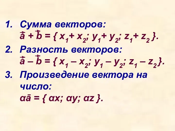 Сумма векторов: a + b = { x1+ x2; y1+