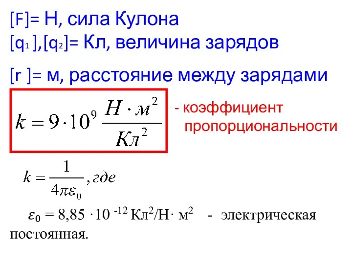 [F]= Н, сила Кулона [q1 ],[q2]= Кл, величина зарядов [r