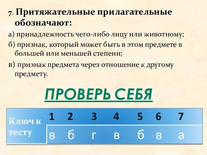 7. Притяжательные прилагательные обозначают: а) принадлежность чего-либо лицу или животному;