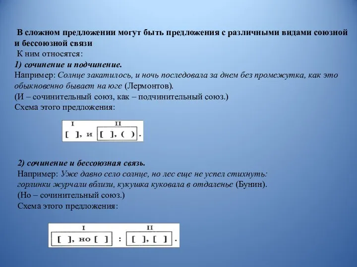 В сложном предложении могут быть предложения с различными видами союзной