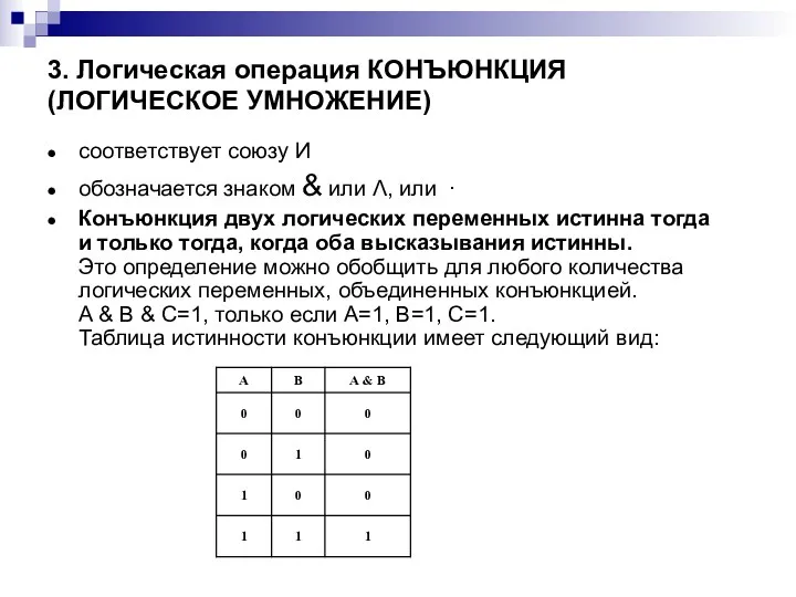 3. Логическая операция КОНЪЮНКЦИЯ (ЛОГИЧЕСКОЕ УМНОЖЕНИЕ) соответствует союзу И обозначается знаком & или