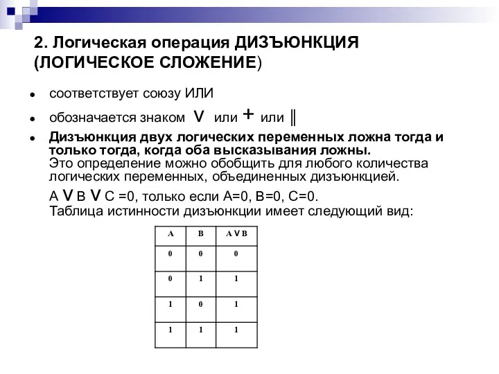 2. Логическая операция ДИЗЪЮНКЦИЯ (ЛОГИЧЕСКОЕ СЛОЖЕНИЕ) соответствует союзу ИЛИ обозначается знаком v или