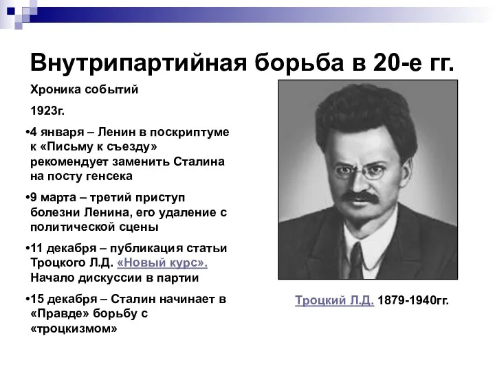 Внутрипартийная борьба в 20-е гг. Хроника событий 1923г. 4 января – Ленин в