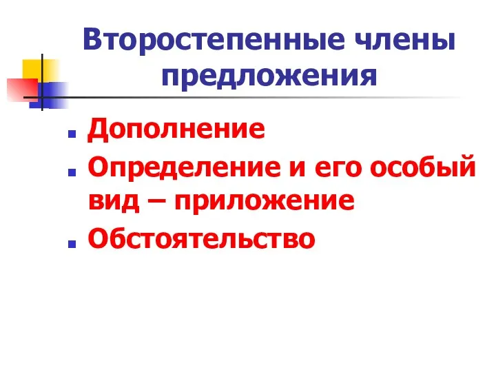 Второстепенные члены предложения Дополнение Определение и его особый вид – приложение Обстоятельство