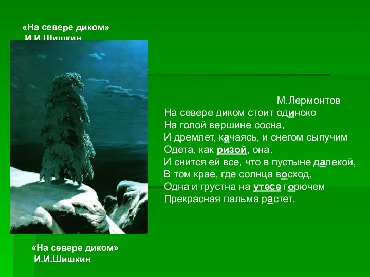 «На севере диком» И.И.Шишкин «На севере диком» И.И.Шишкин М.Лермонтов На