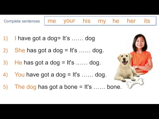 Complete sentences I have got a dog= It’s …… dog