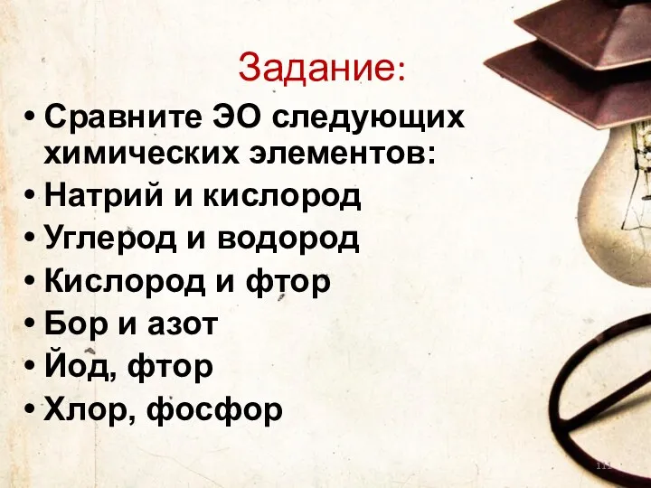 Задание: Сравните ЭО следующих химических элементов: Натрий и кислород Углерод